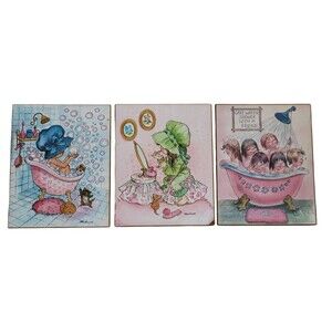 Vintage Little Girl Vanity Make-Up Bath Litho On Wood Lot Of 3 READ DESCRIPTION